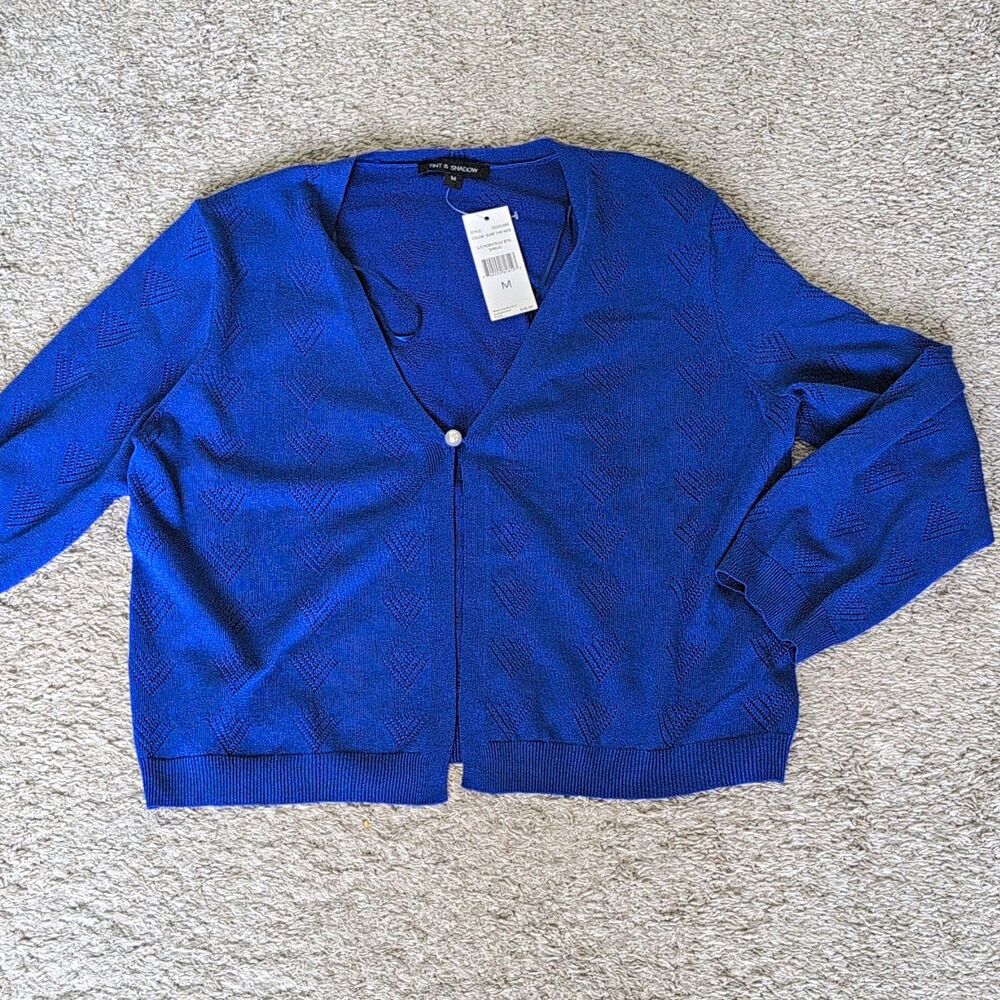 Tint & Shadow Cobalt Blue Pointelle Zig Zag Cropped Cardigan V Neck Layering M